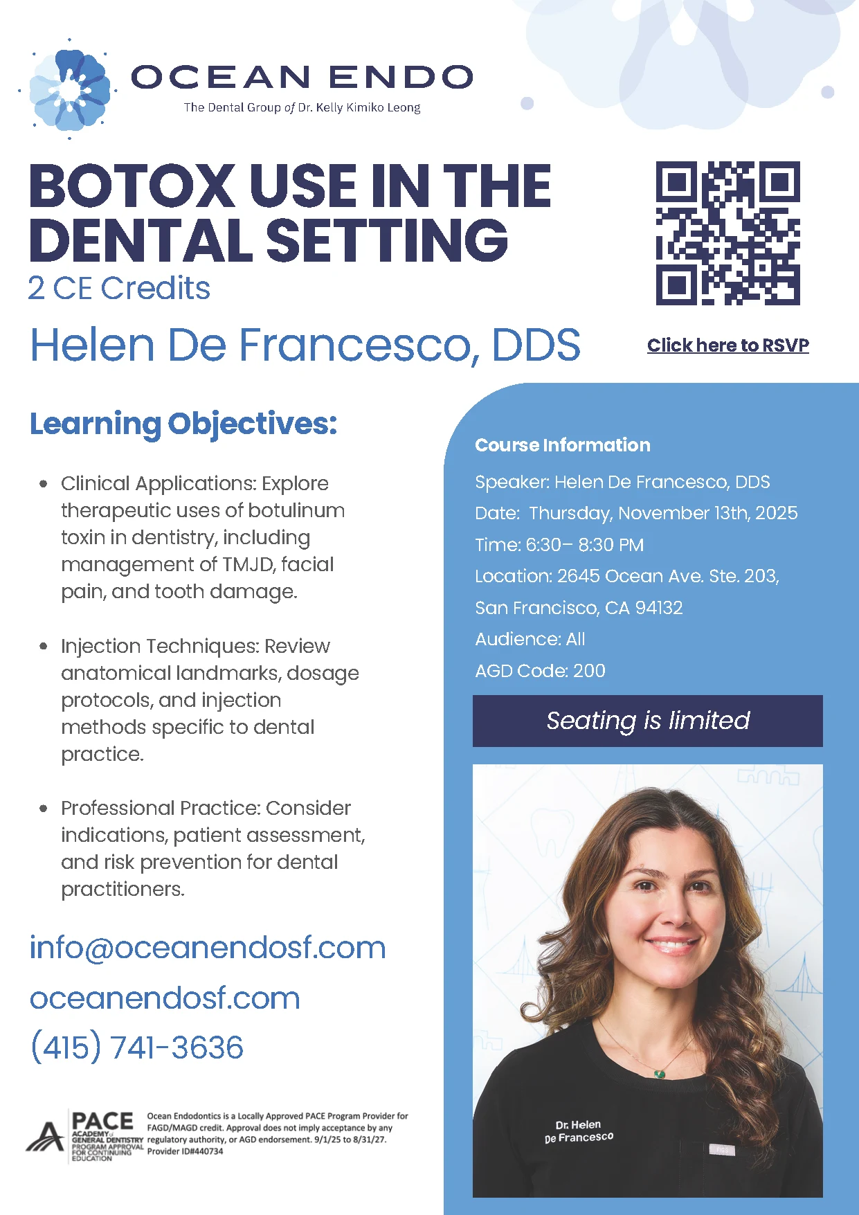 Botox Use in the Dental Setting course flyer with learning objectives and details