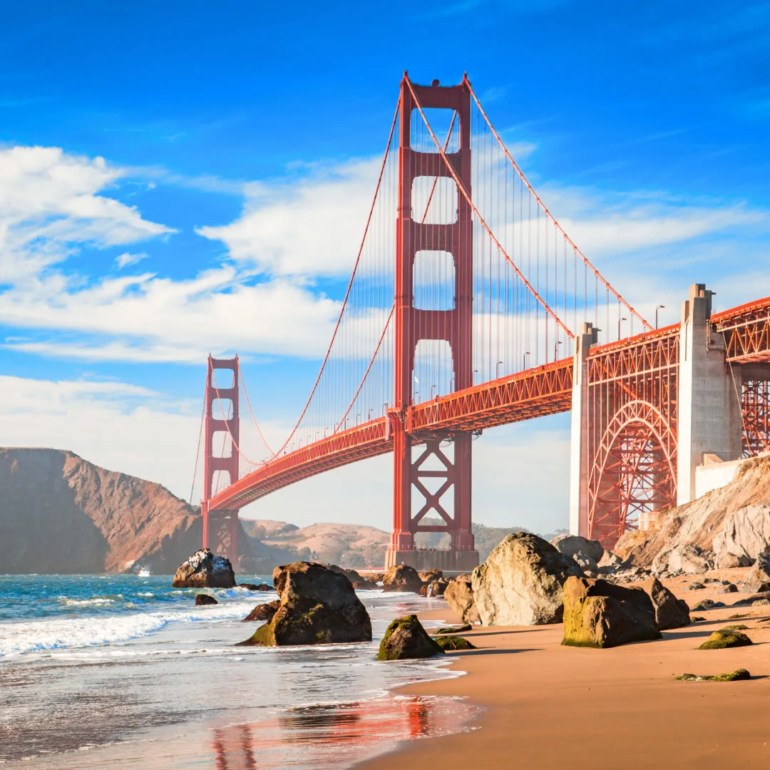 The Golden Gate Bridge seen from a San Francisco beach