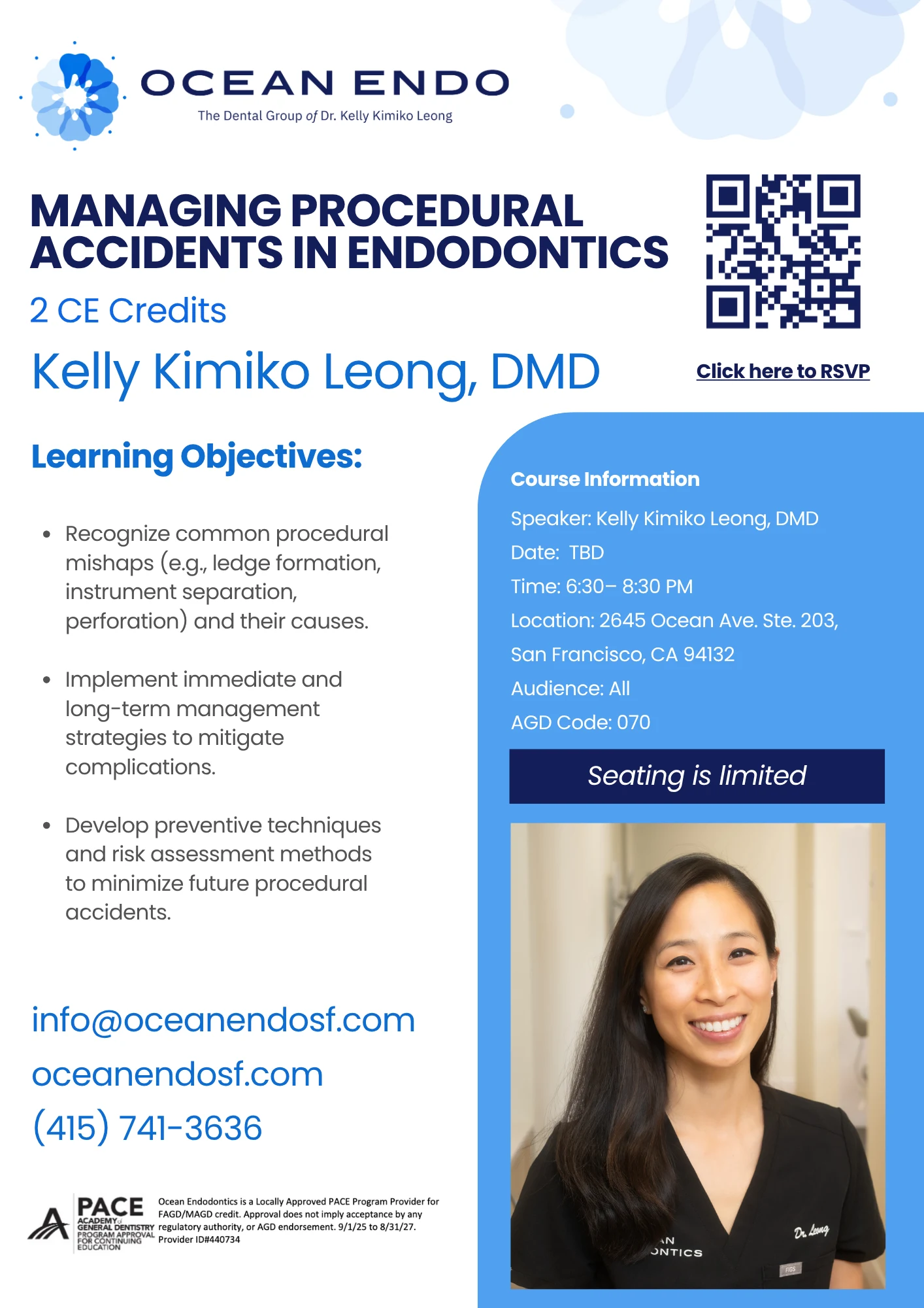 Managing Procedural Accidents in Endodontics course flyer with learning objectives and details