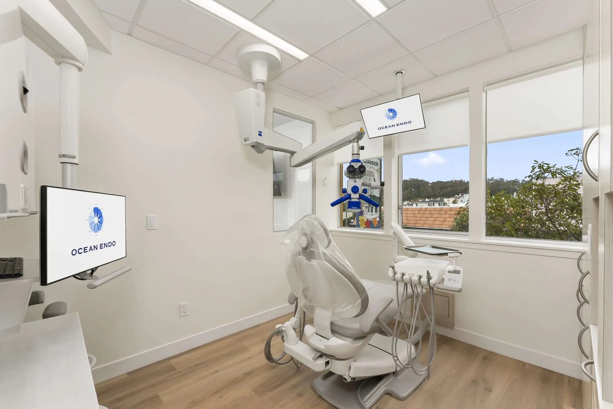 A treatment room with a chairside monitor and window light