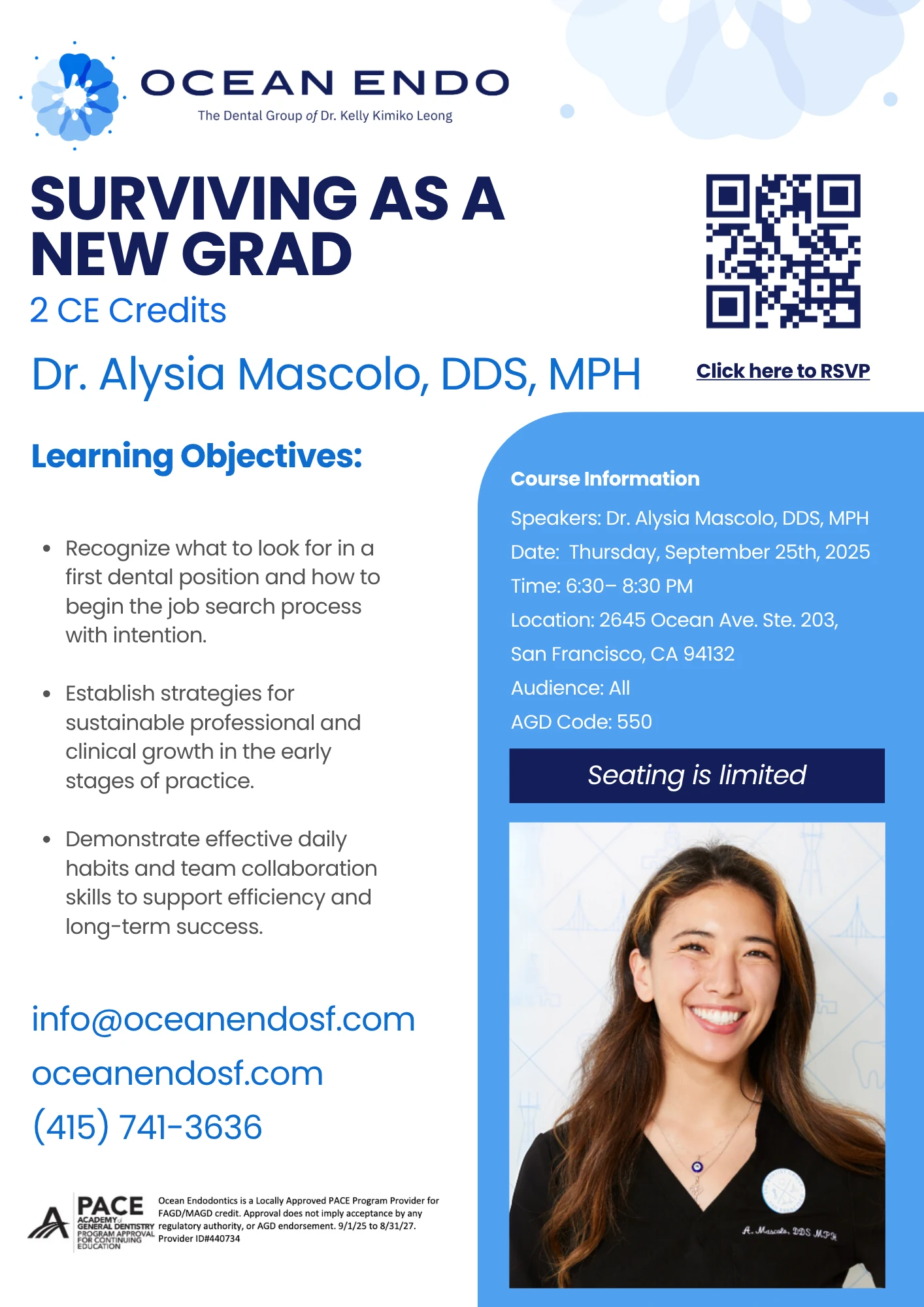 Surviving as a New Grad course flyer with learning objectives and details